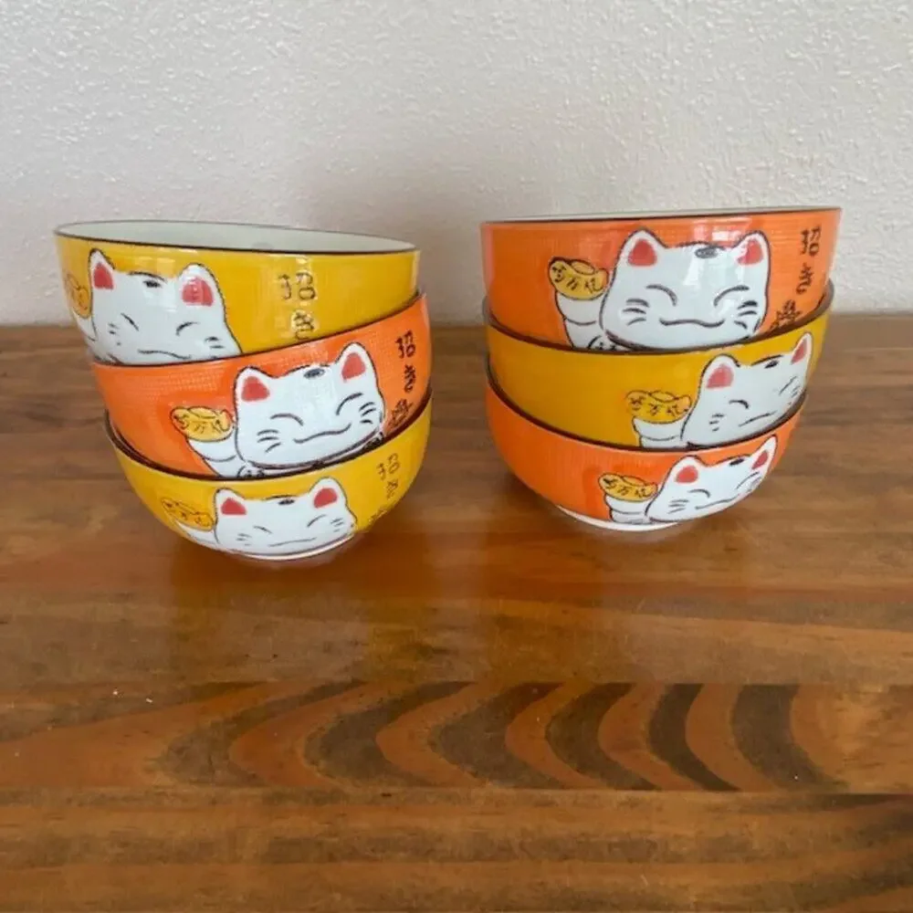Japanese Maneki Neko Lucky Cat - 6 Rice/Noodle Bowls  + 6 Soy Sauce Dish